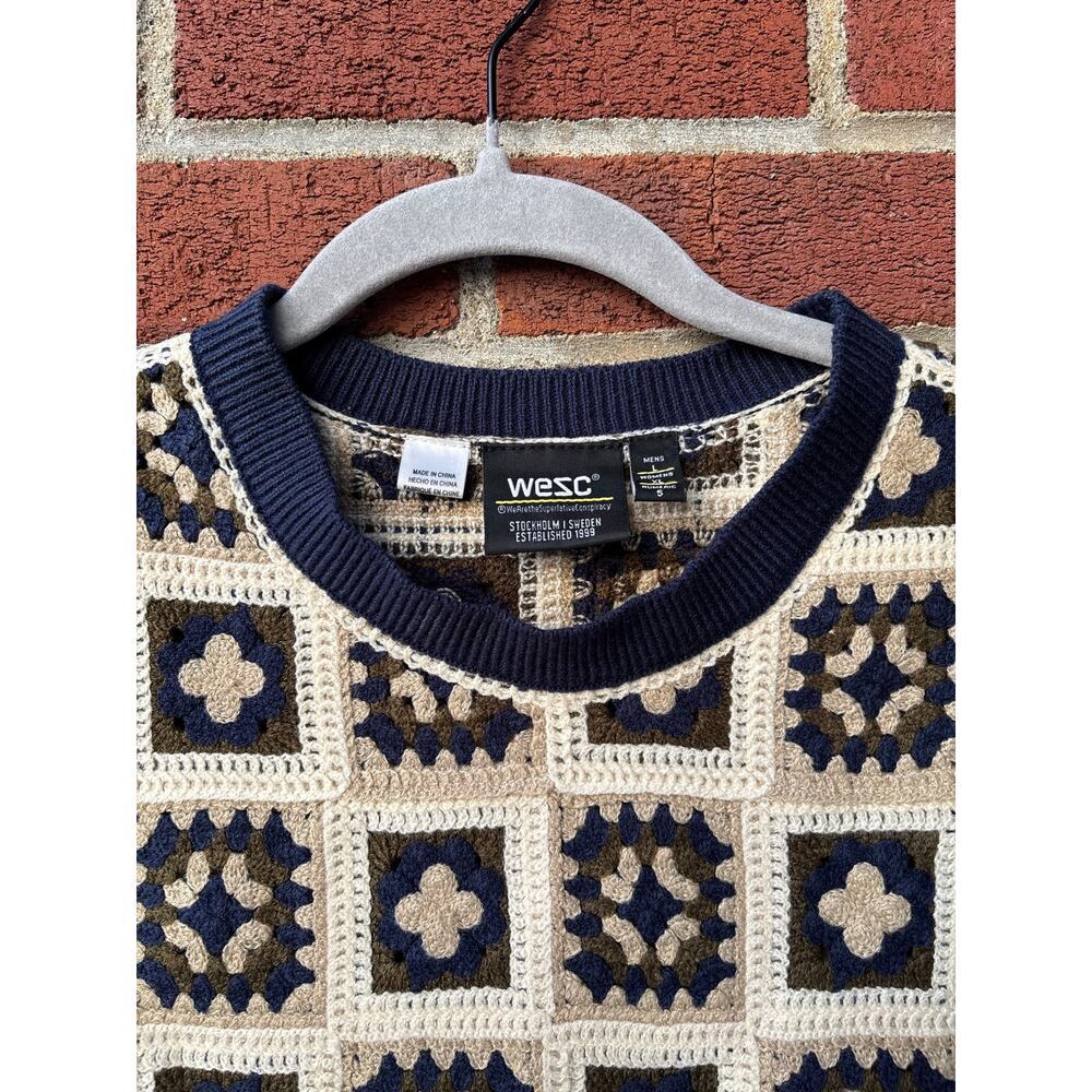 WESC Crochet Sweater Vest Size S Navy Cream Granny Square Knit Boho Unisex - Picture 6 of 11